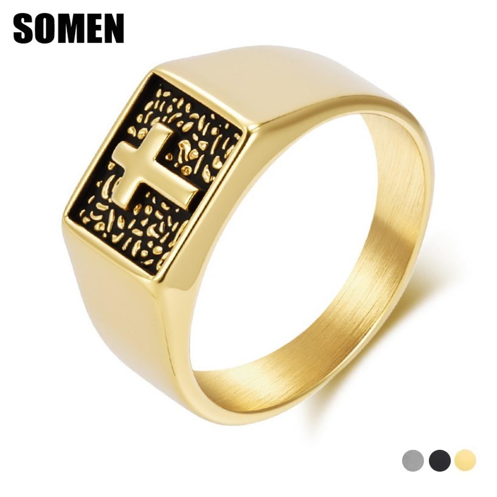 Signet Ring Men - Somen خمر الفولاذ المقاوم للصدأ الصليب